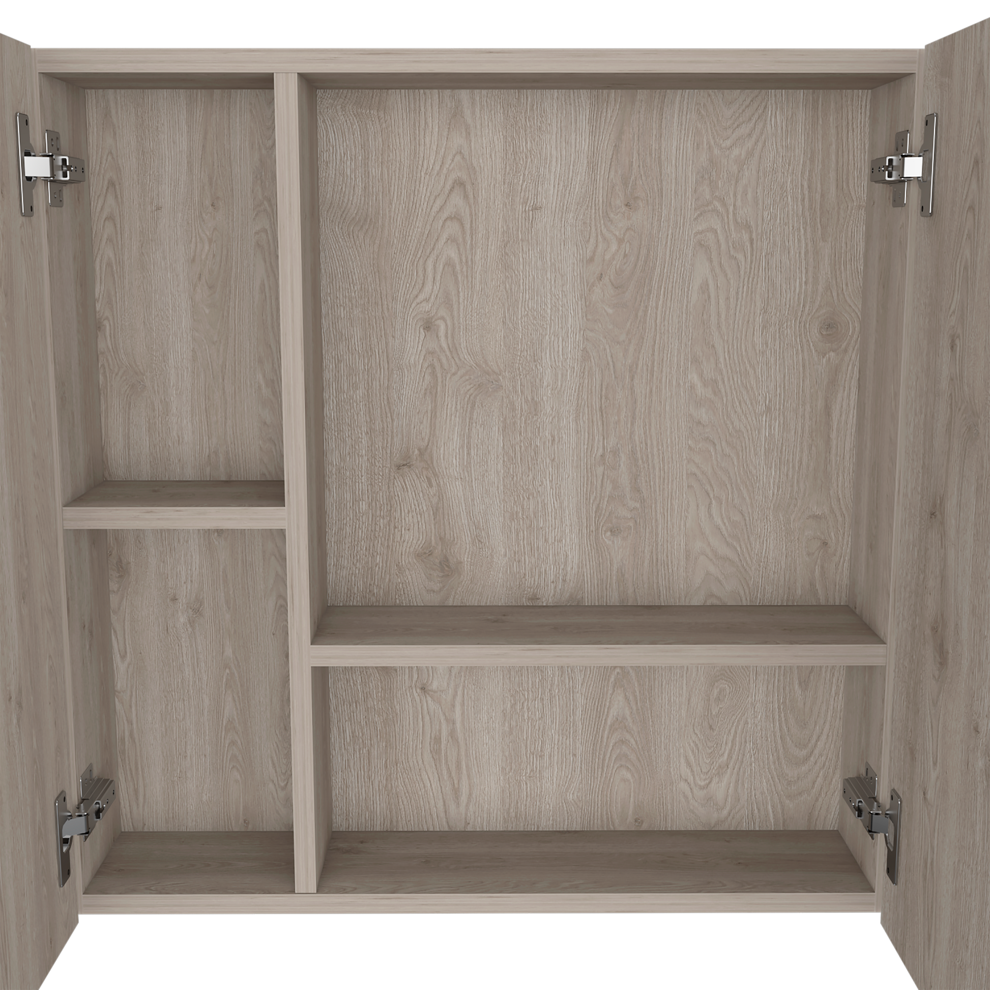 Light wood grain interior cabinet with adjustable shelves and chrome hinges