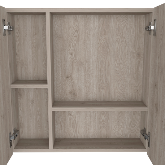 Light wood grain interior cabinet with adjustable shelves and chrome hinges