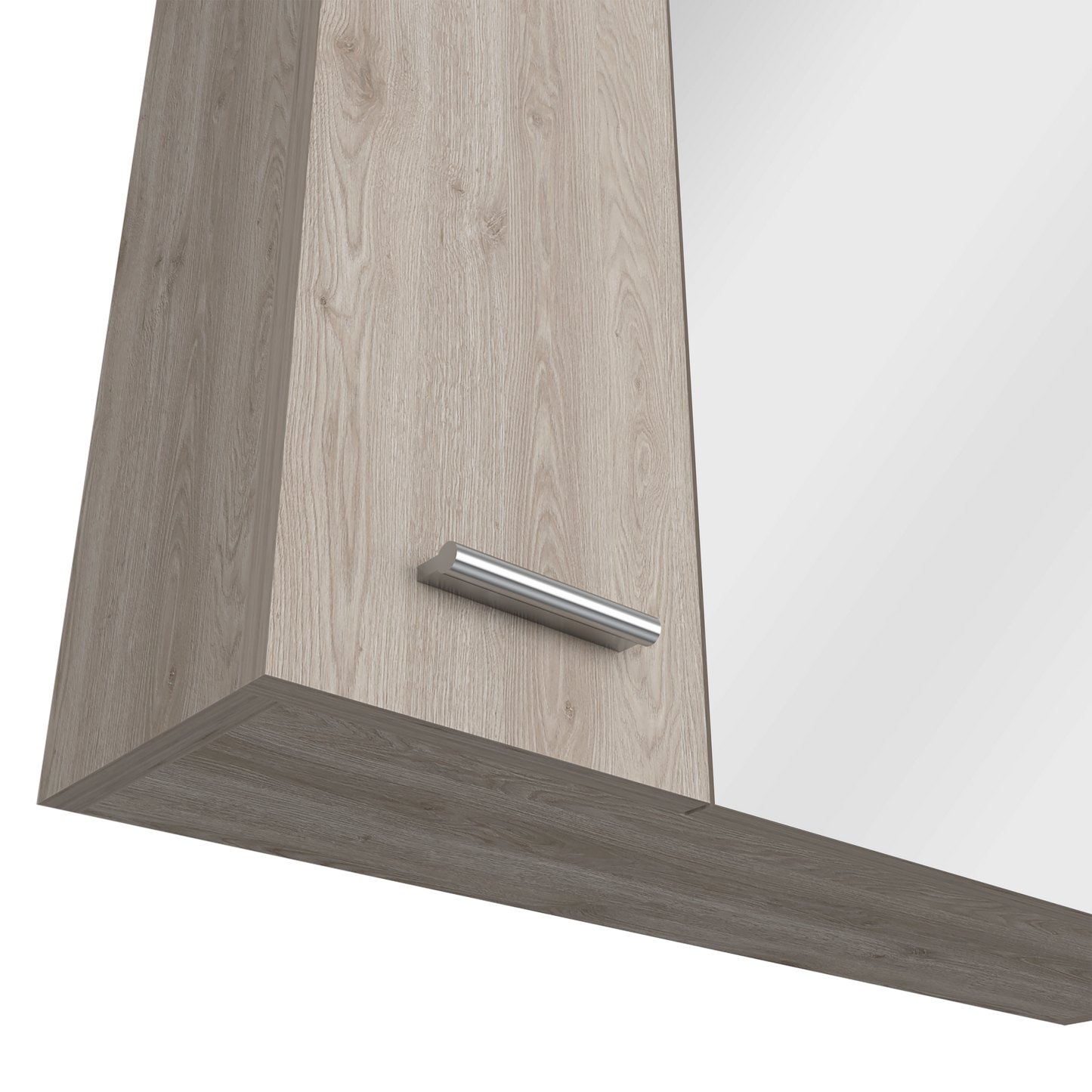 Light wood grain cabinet door with silver handle