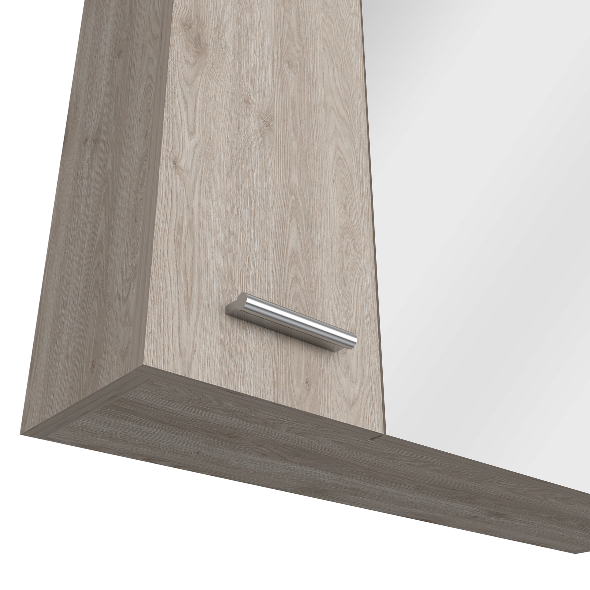 Light wood grain cabinet door with silver handle