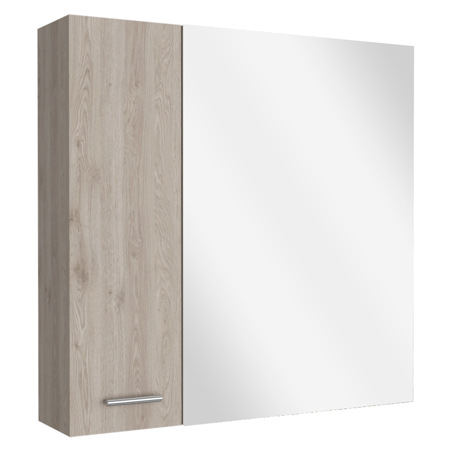 Tall wooden bathroom cabinet with a silver handle and mirrored door