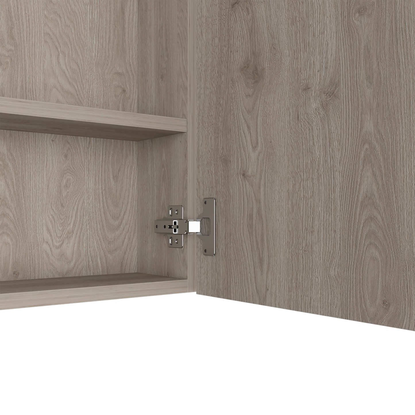 Light oak veneer cabinet interior with silver hinge