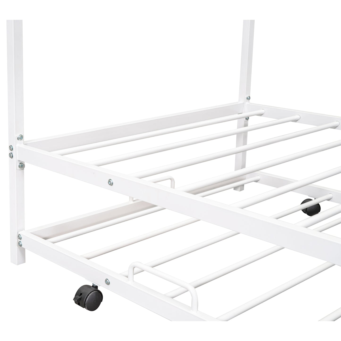 White metal bed frame with rolling casters and support slats