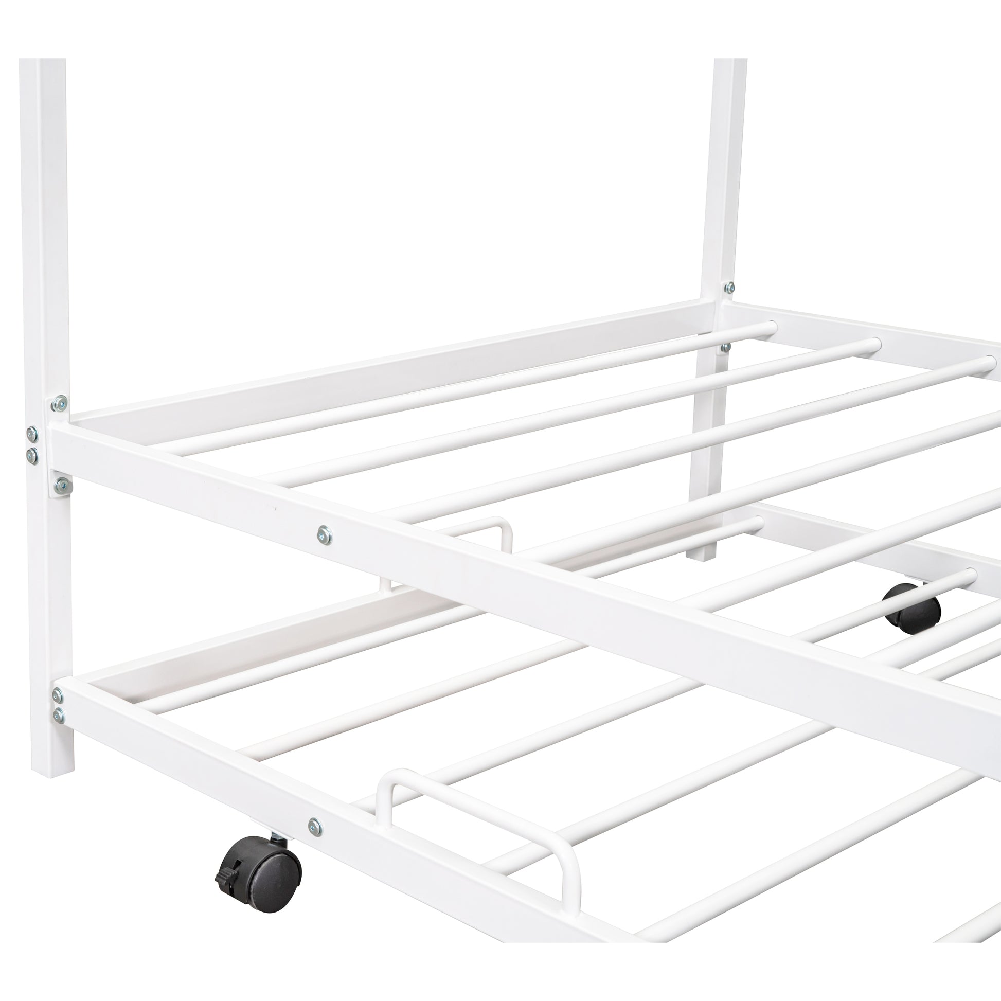 White metal bed frame with rolling casters and support slats