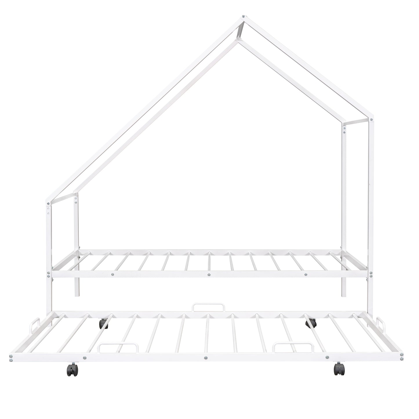 White metal house bed frame with pullout trundle