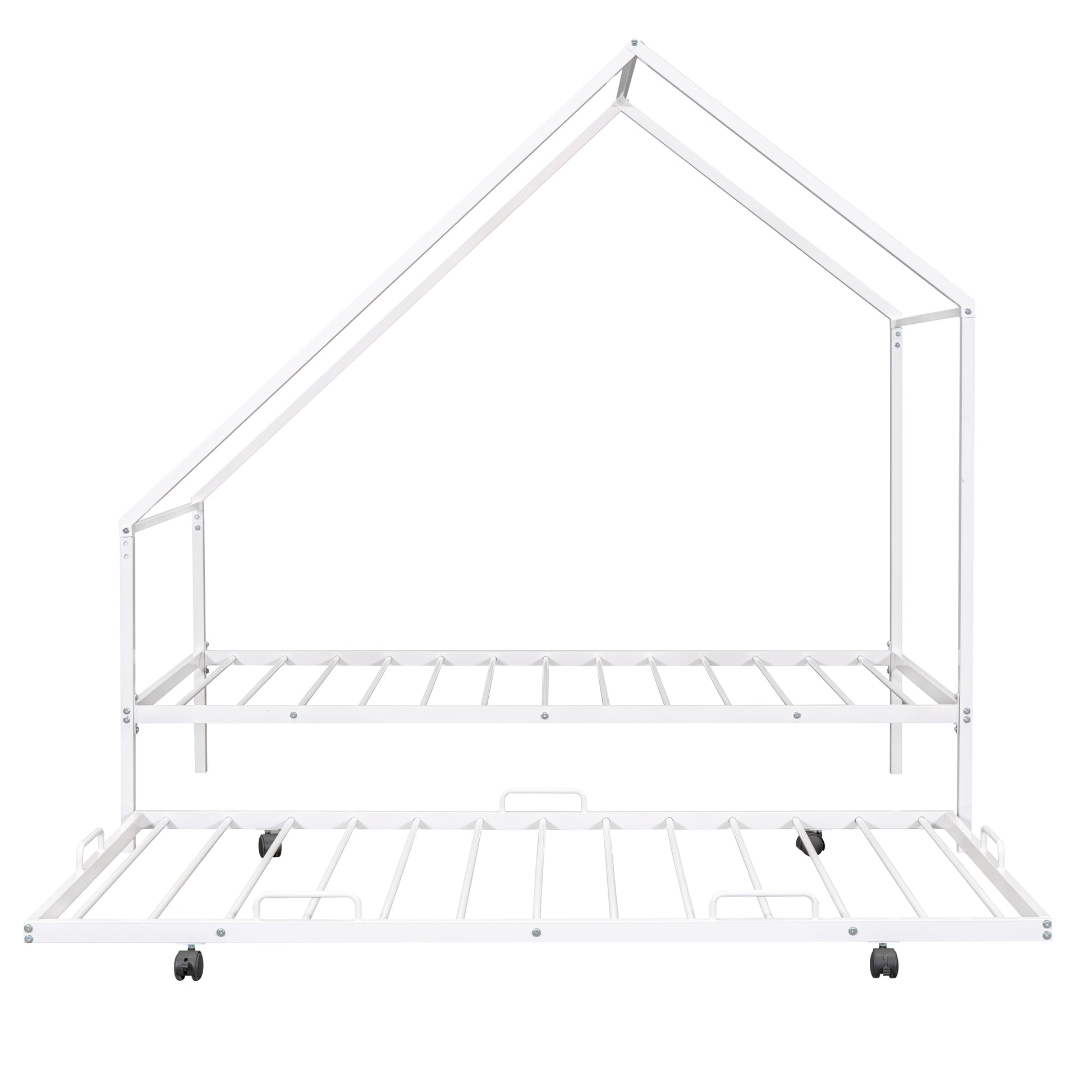White metal house bed frame with pullout trundle