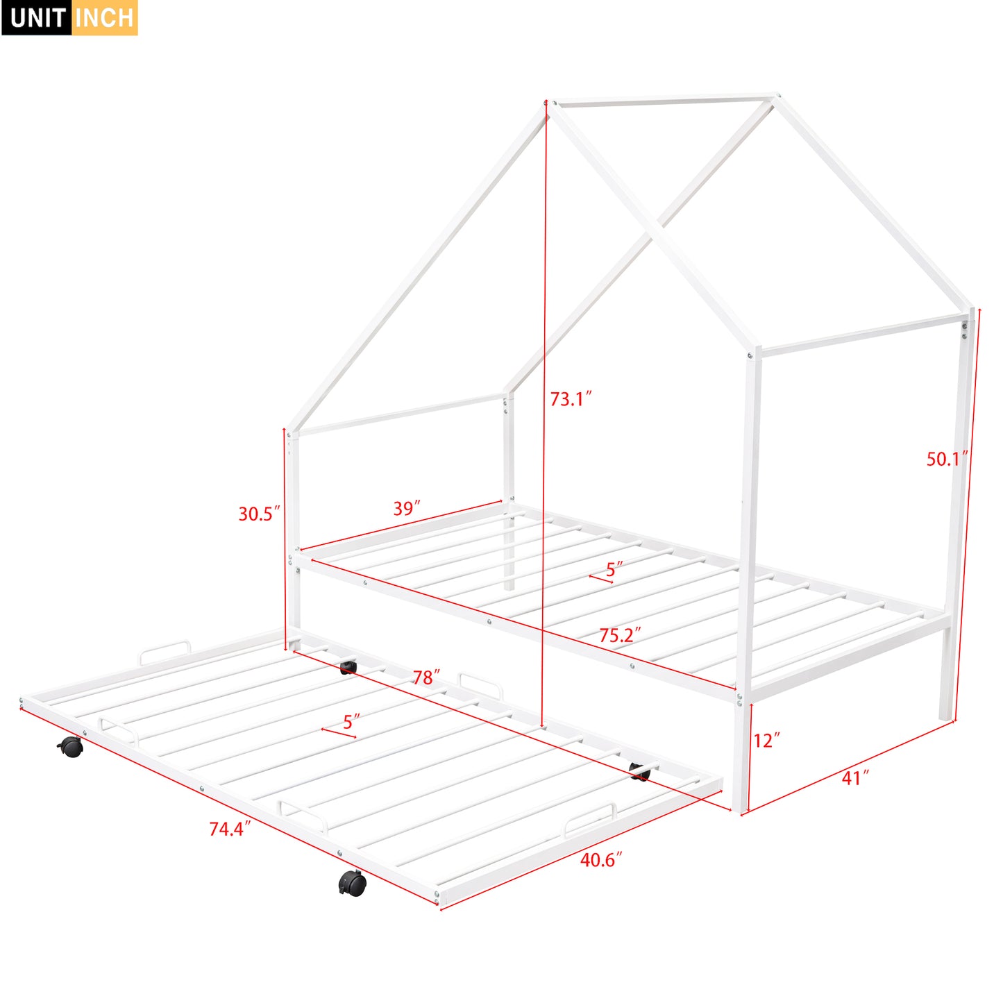 White metal house frame bed with pullout trundle