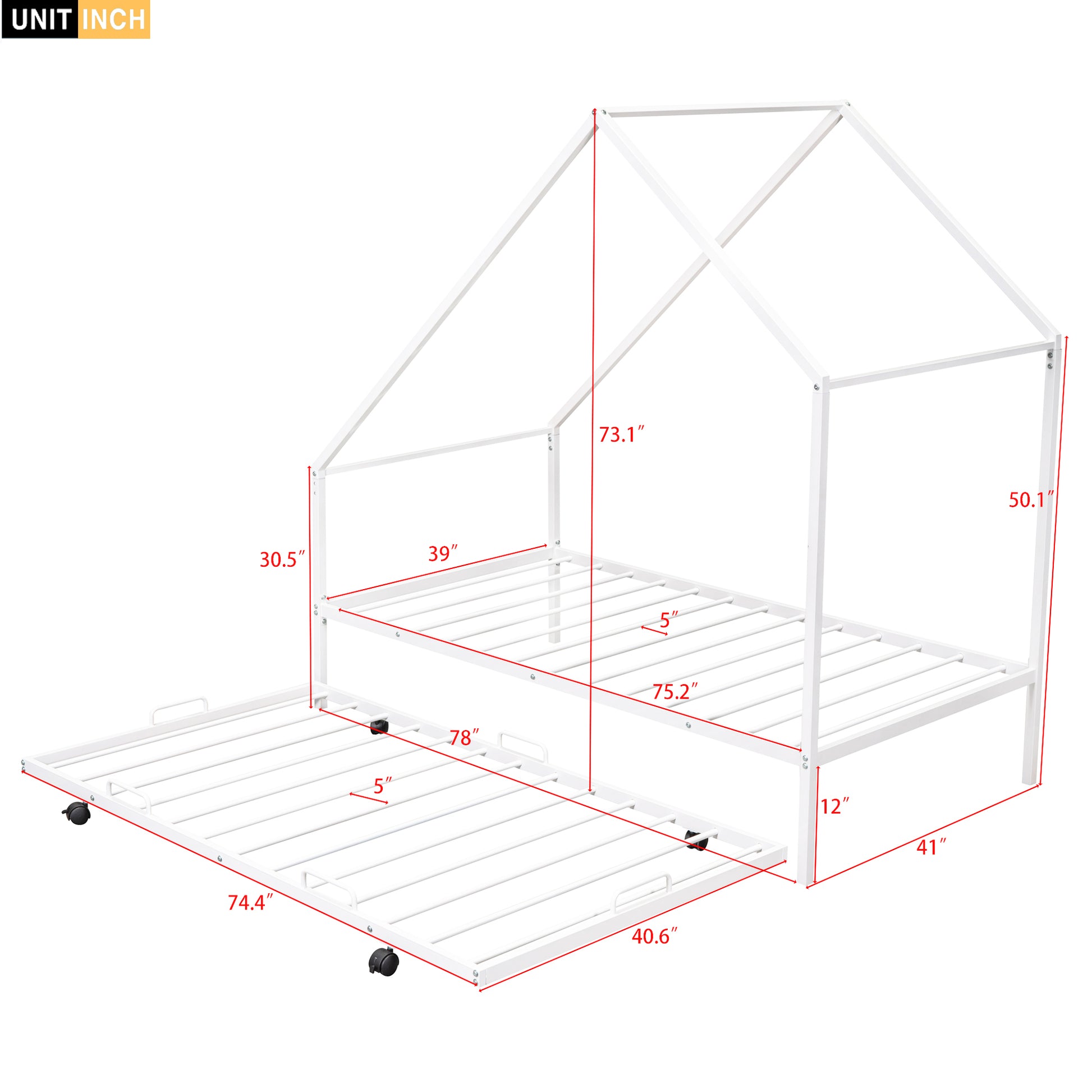 White metal house frame bed with pullout trundle