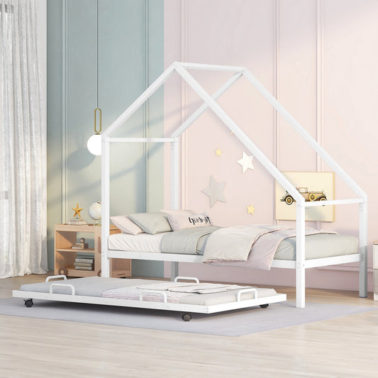 White metal house frame twin bed with pullout trundle