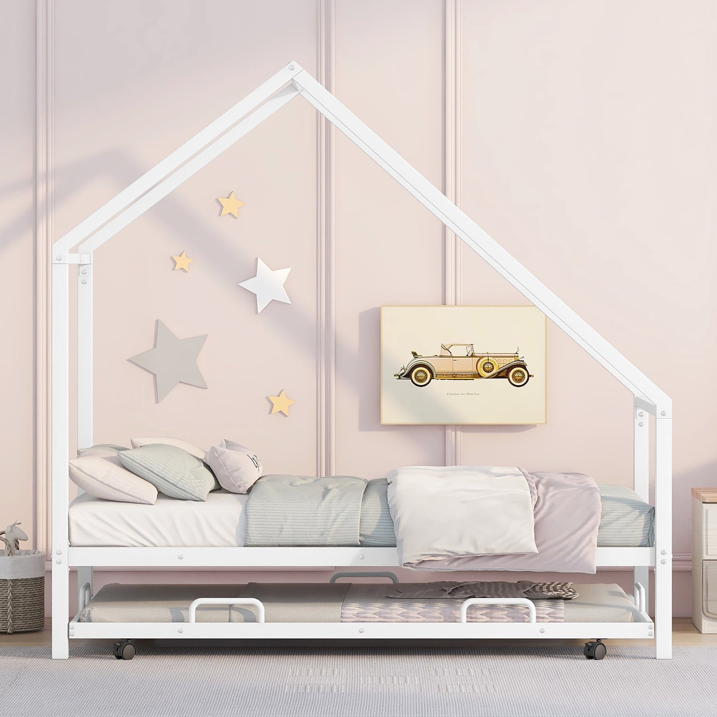 White metal house frame twin bed with a pullout trundle