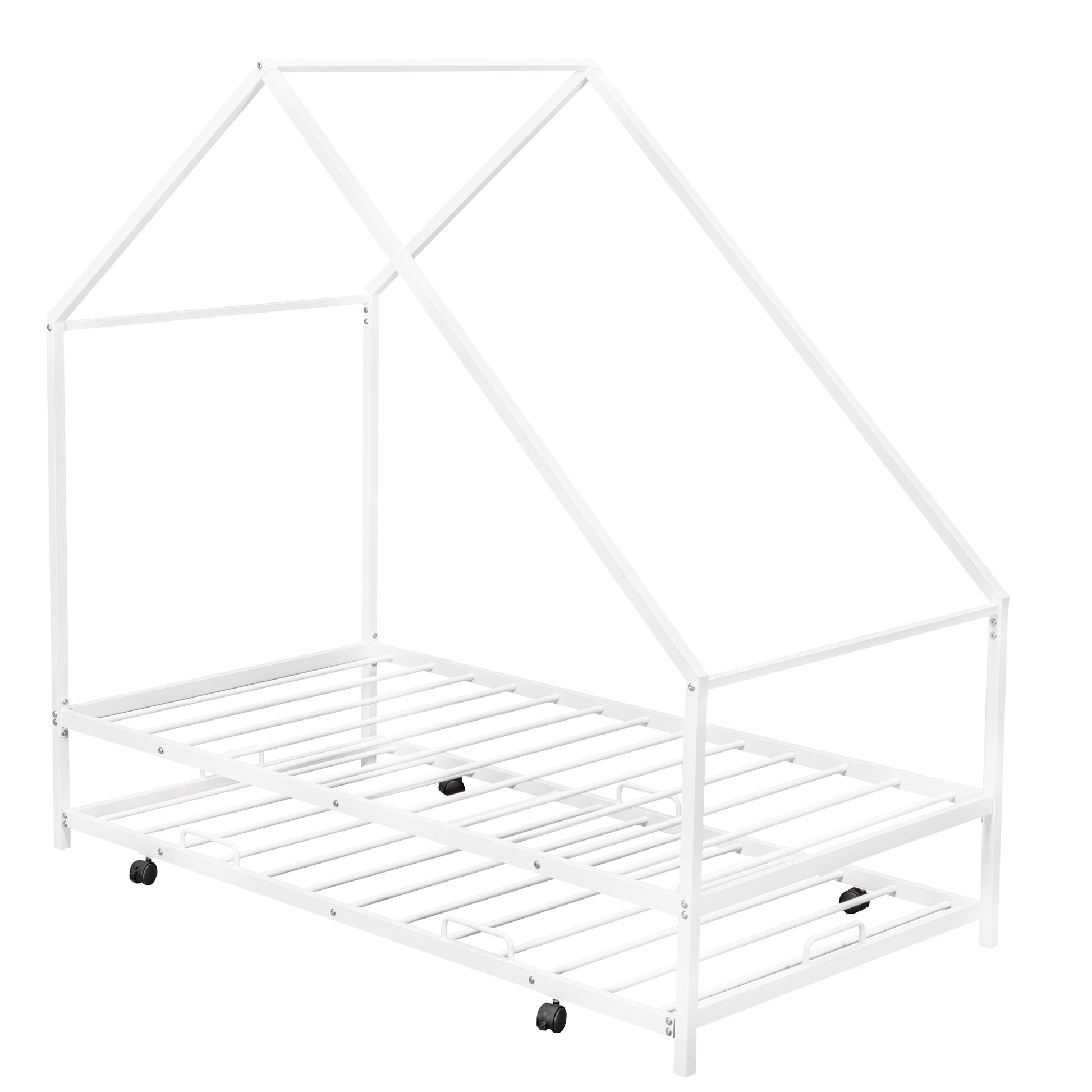 White metal house bed frame with trundle