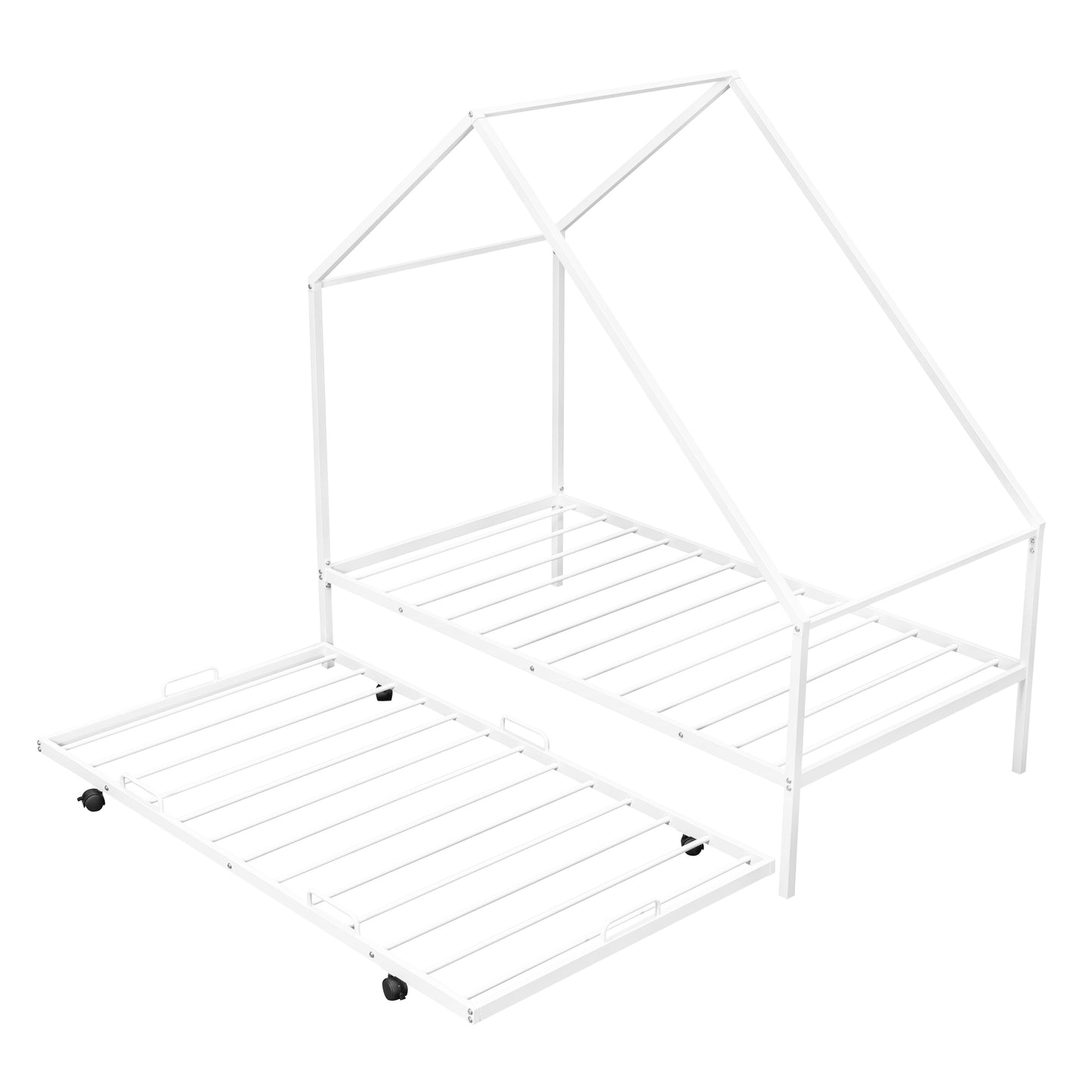 White metal house frame twin bed with a pullout trundle