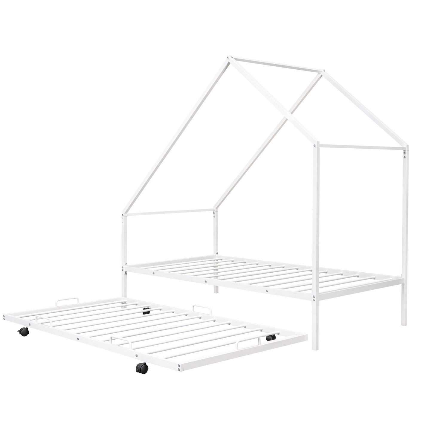 White metal house frame twin bed with pullout trundle