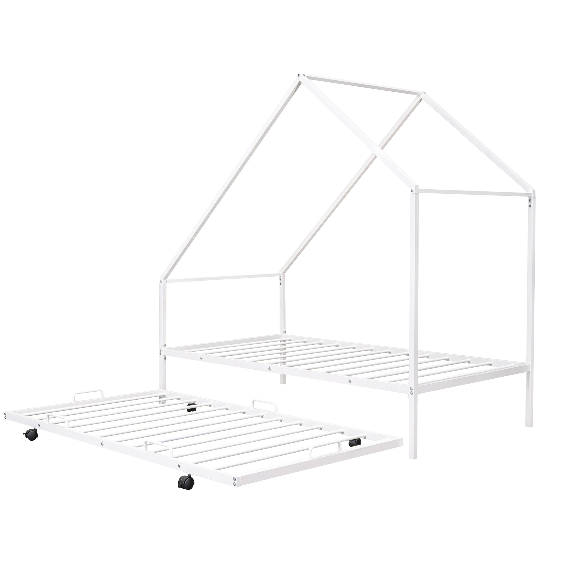 White metal house frame twin bed with pullout trundle