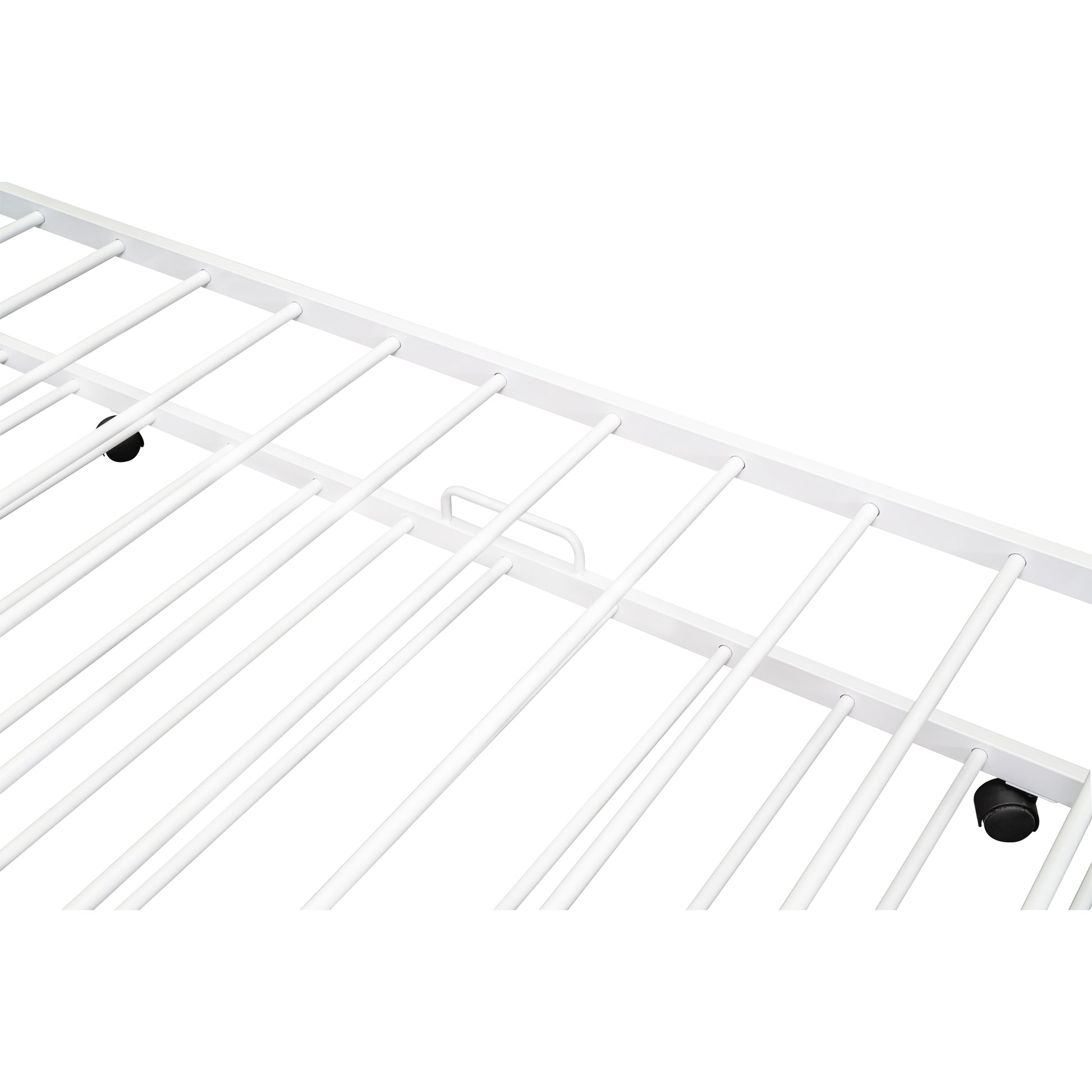 White metal twin bed frame with support slats and caster wheels