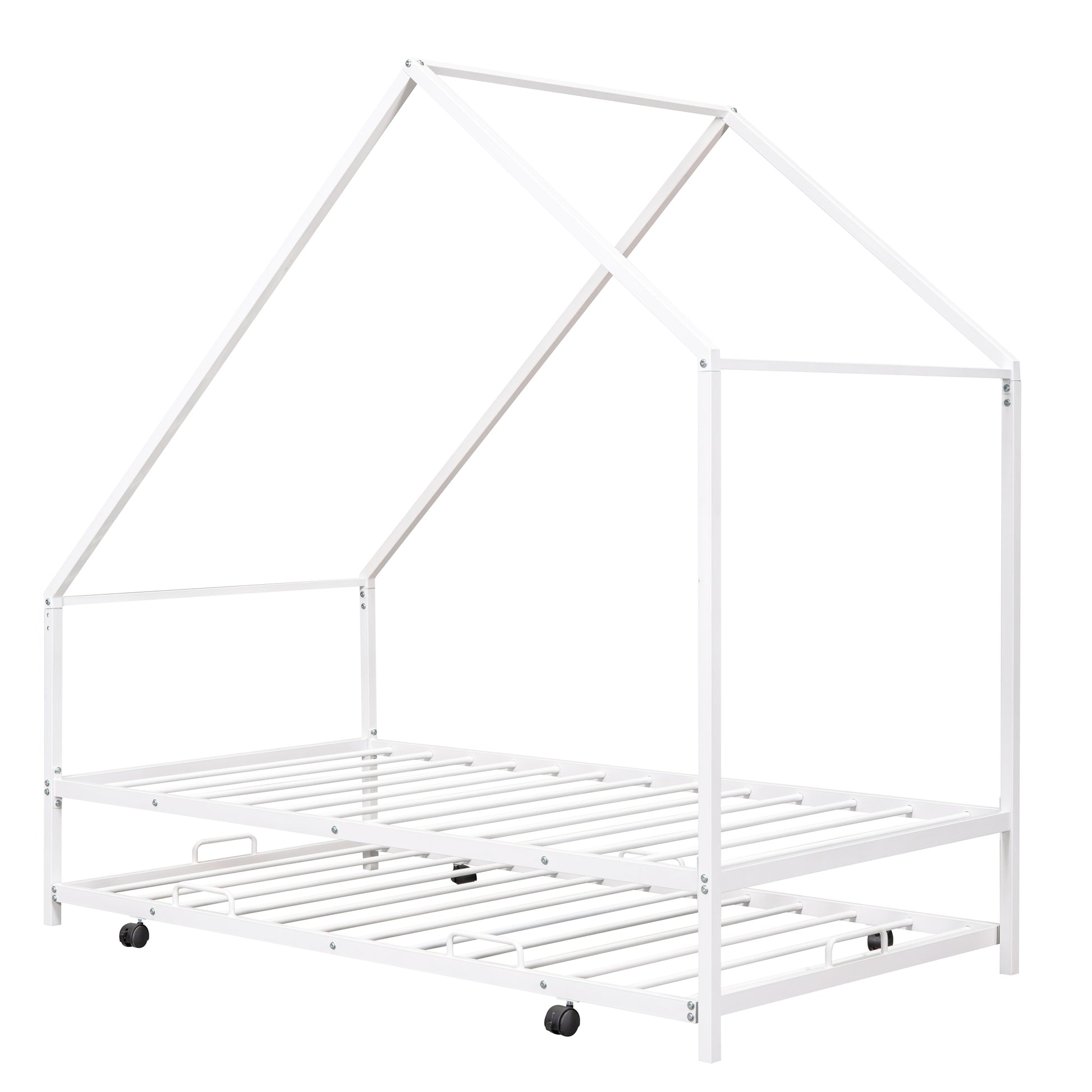 White metal house frame bed with trundle