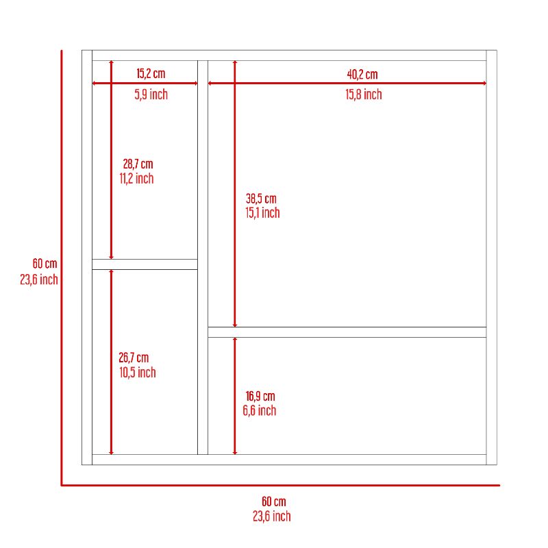 Diagram showing dimensions for a cm x cm modular shelf unit