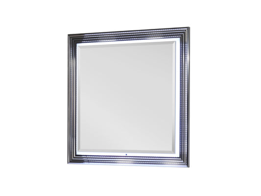 Square beveled mirror with stacked chrome frame and integrated LED lighting