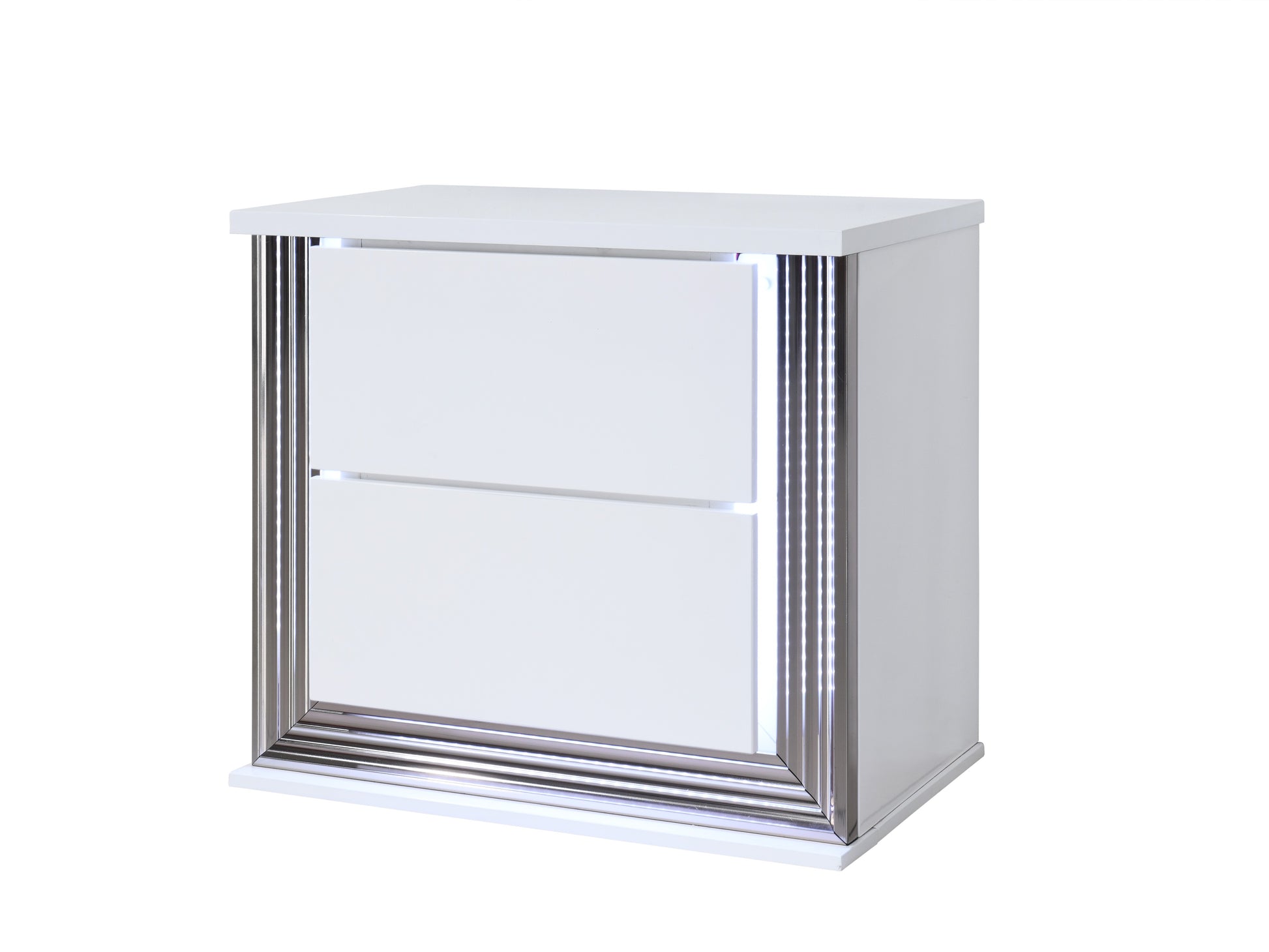 White high gloss twodrawer nightstand with chrome trim and LED lighting