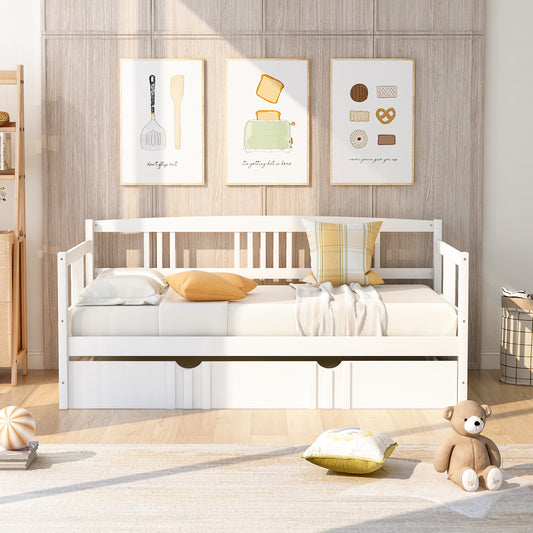White wooden daybed with pullout drawers