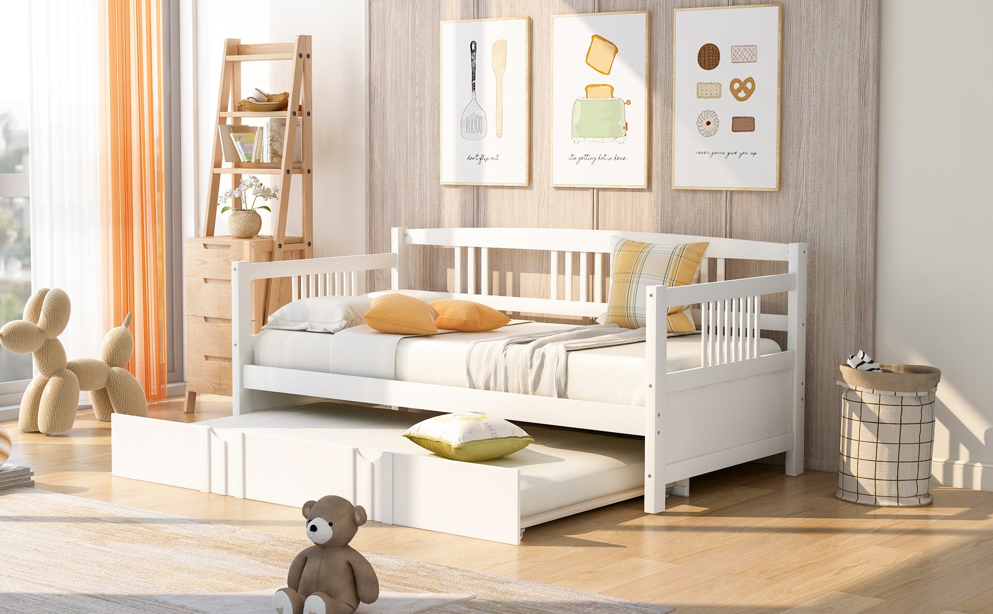 White wooden daybed with pullout trundle perfect for guest rooms