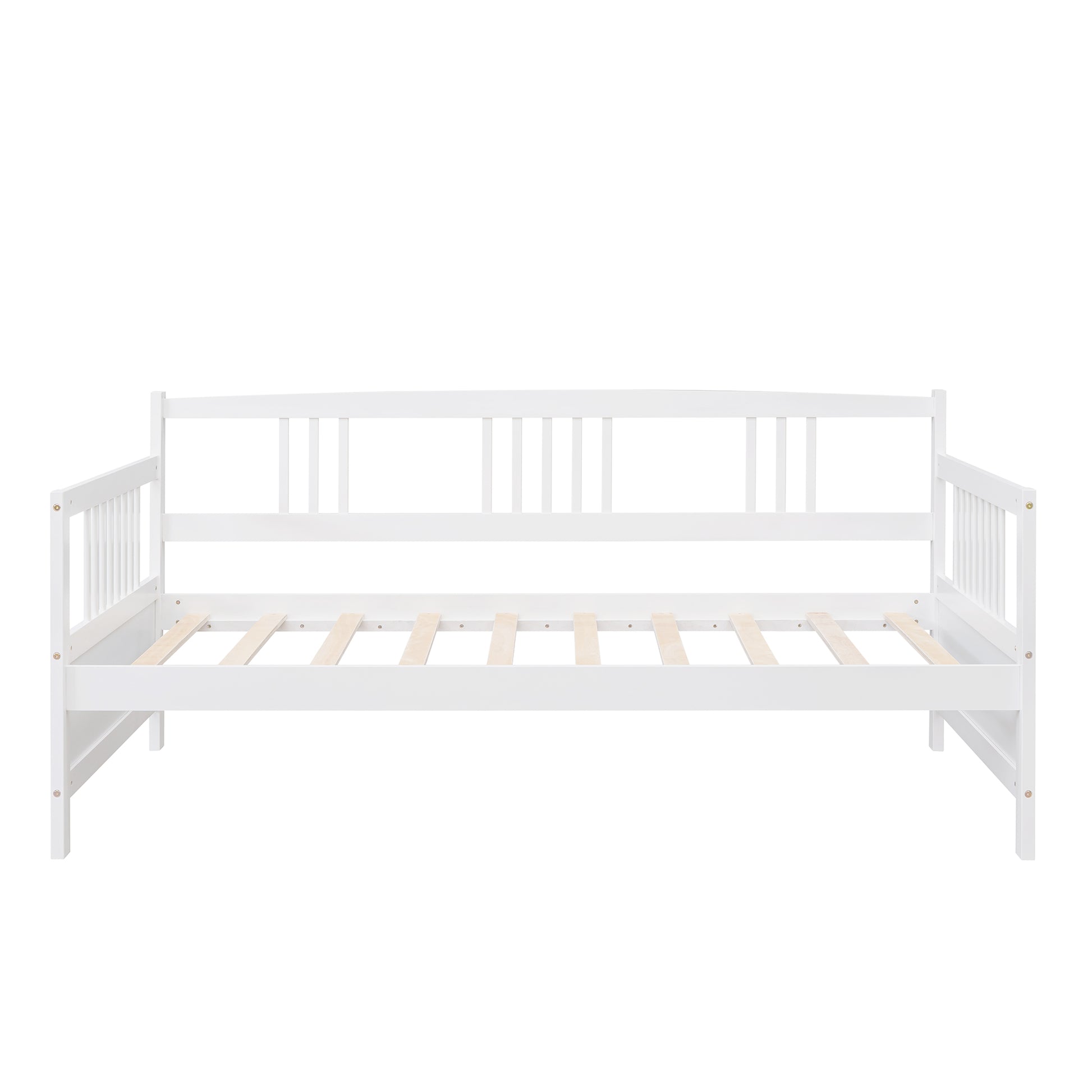 White wooden daybed frame with slatted base and spindle backrests