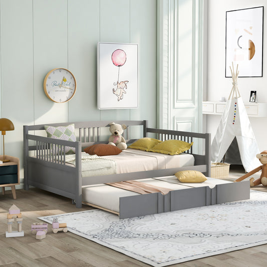 Grey wooden daybed with pullout trundle perfect for kids rooms