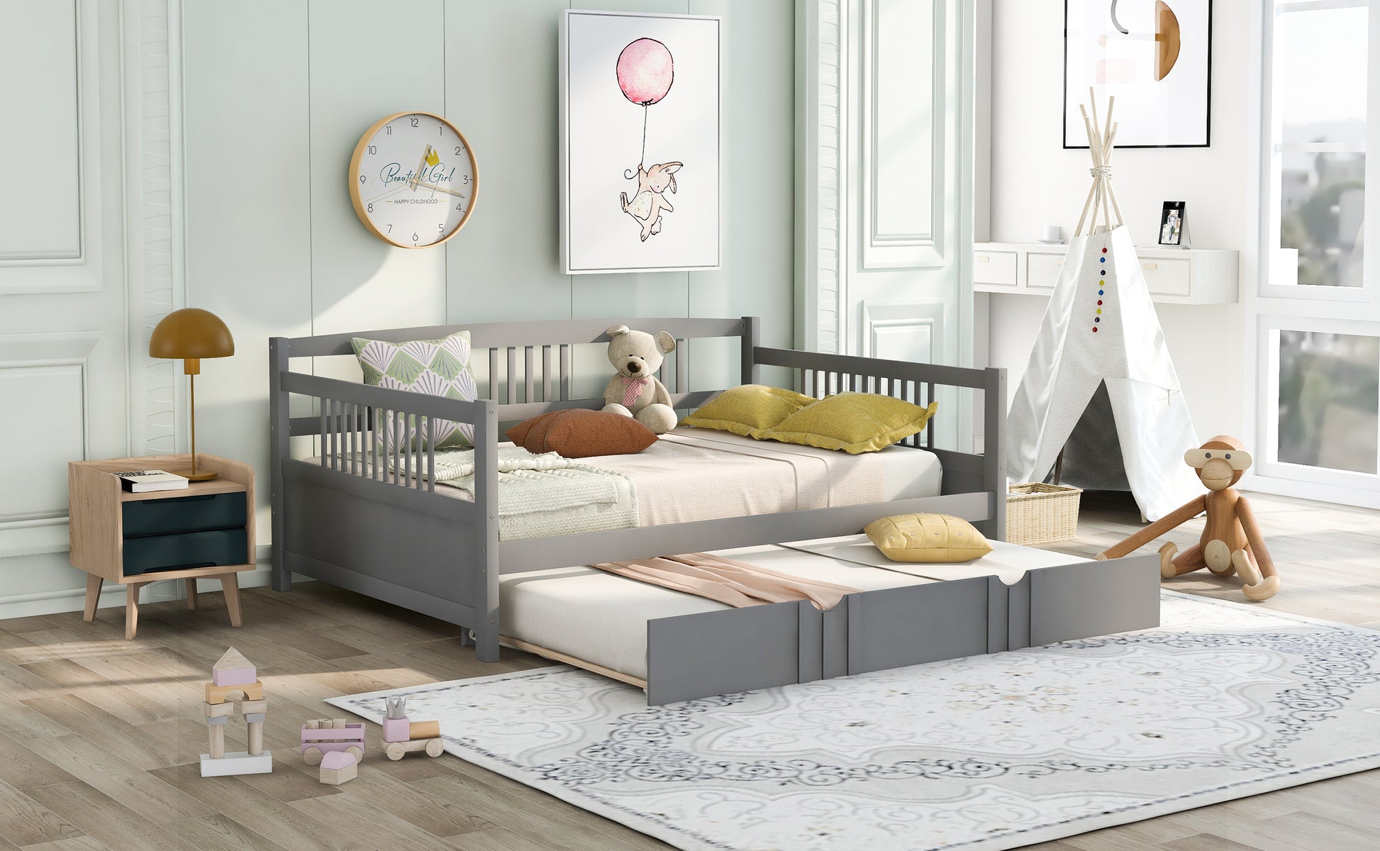 Grey wooden daybed with pullout trundle perfect for childrens rooms