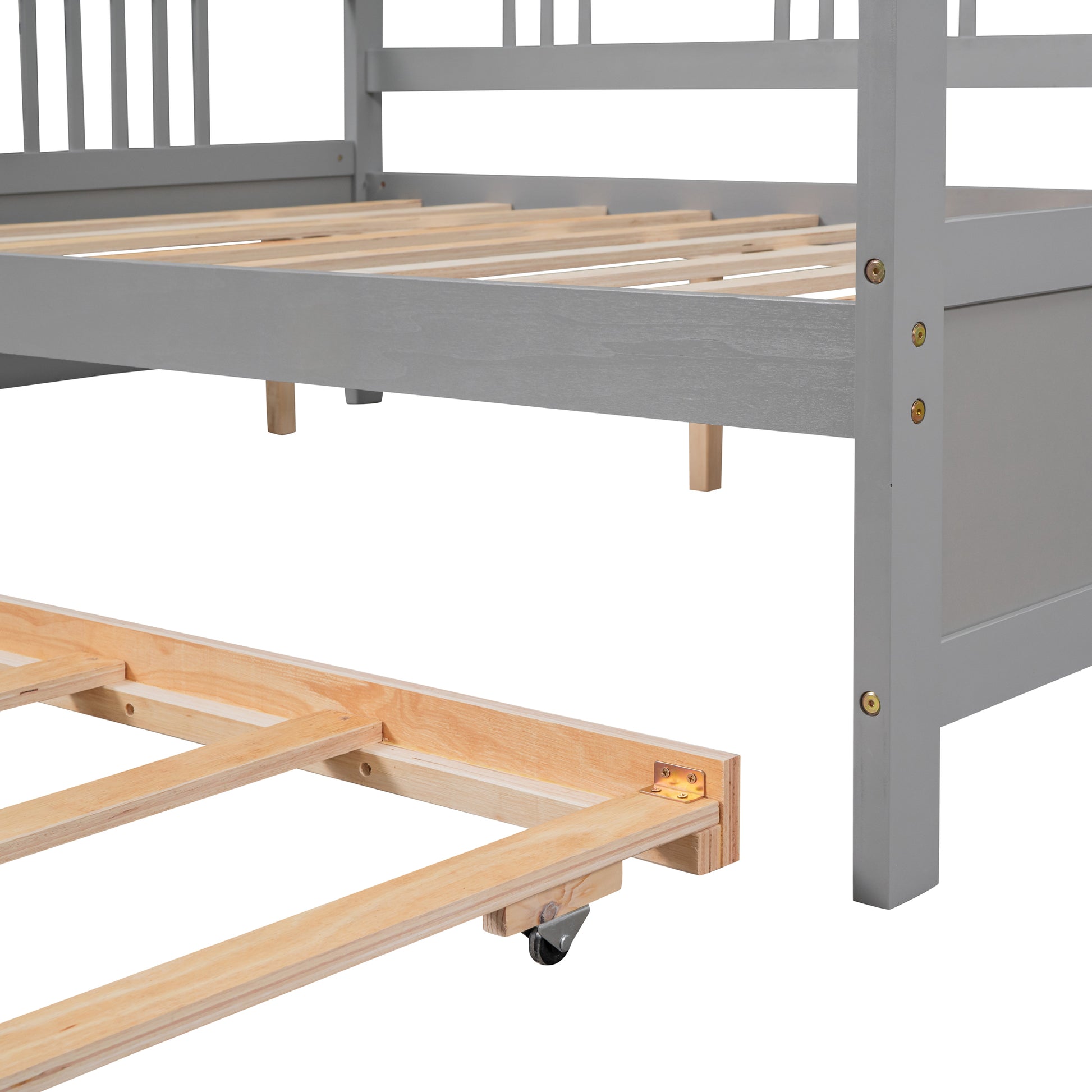Gray wooden twin daybed with pullout trundle frame