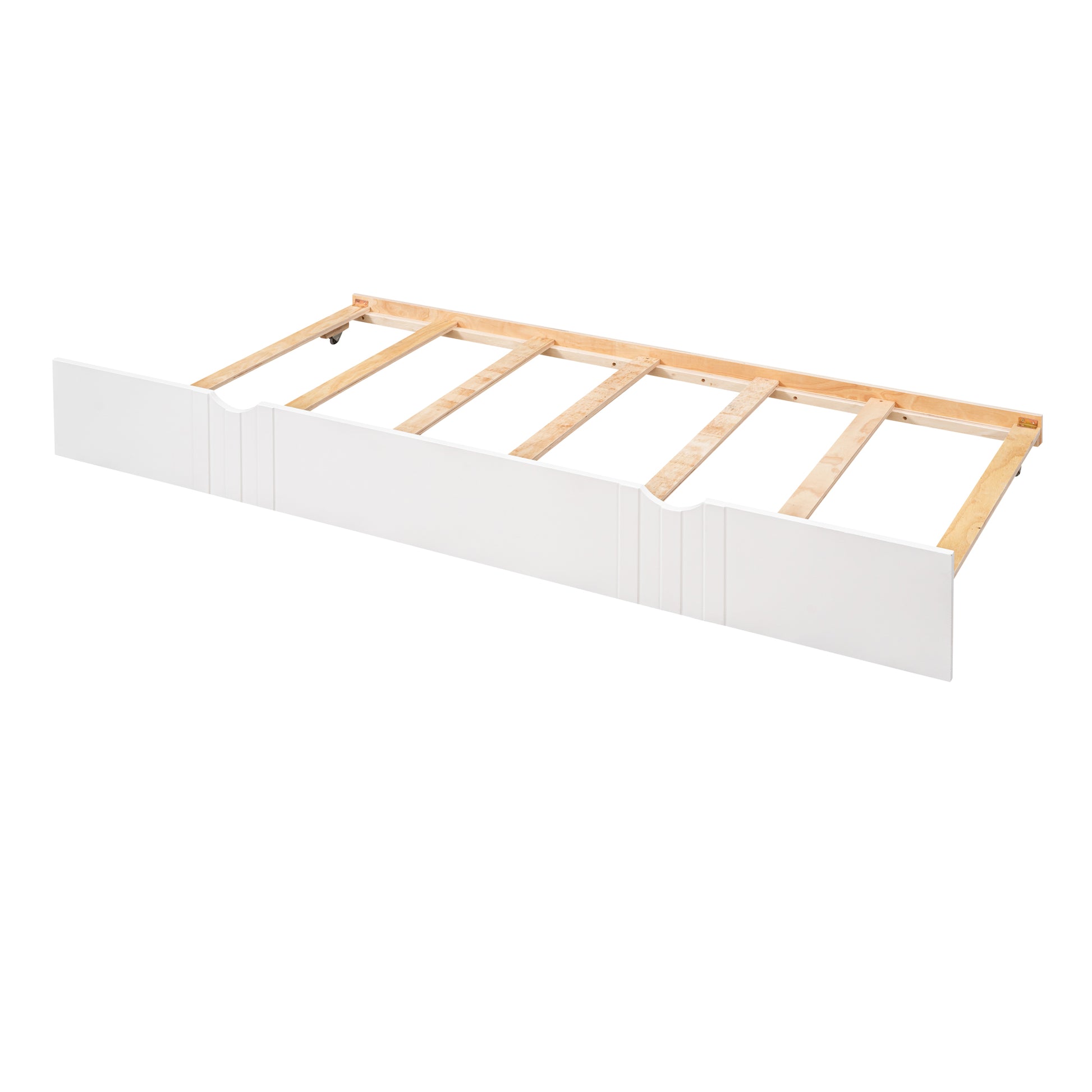 White wooden bed frame drawer with slatted base