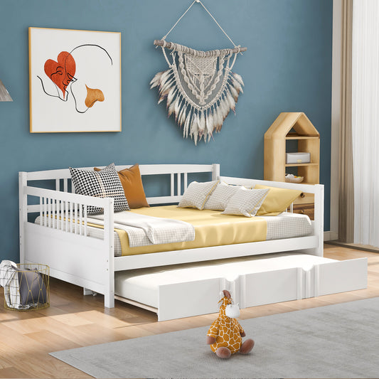 White wooden daybed with pullout trundle and yellow bedding