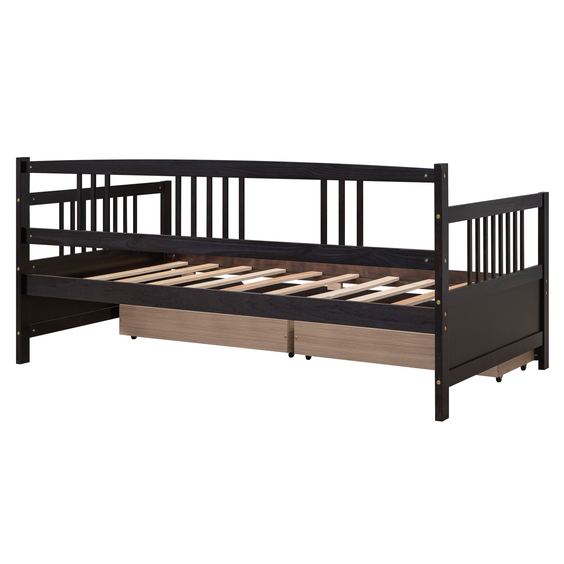 Dark brown wooden daybed with slatted base and two pullout drawers