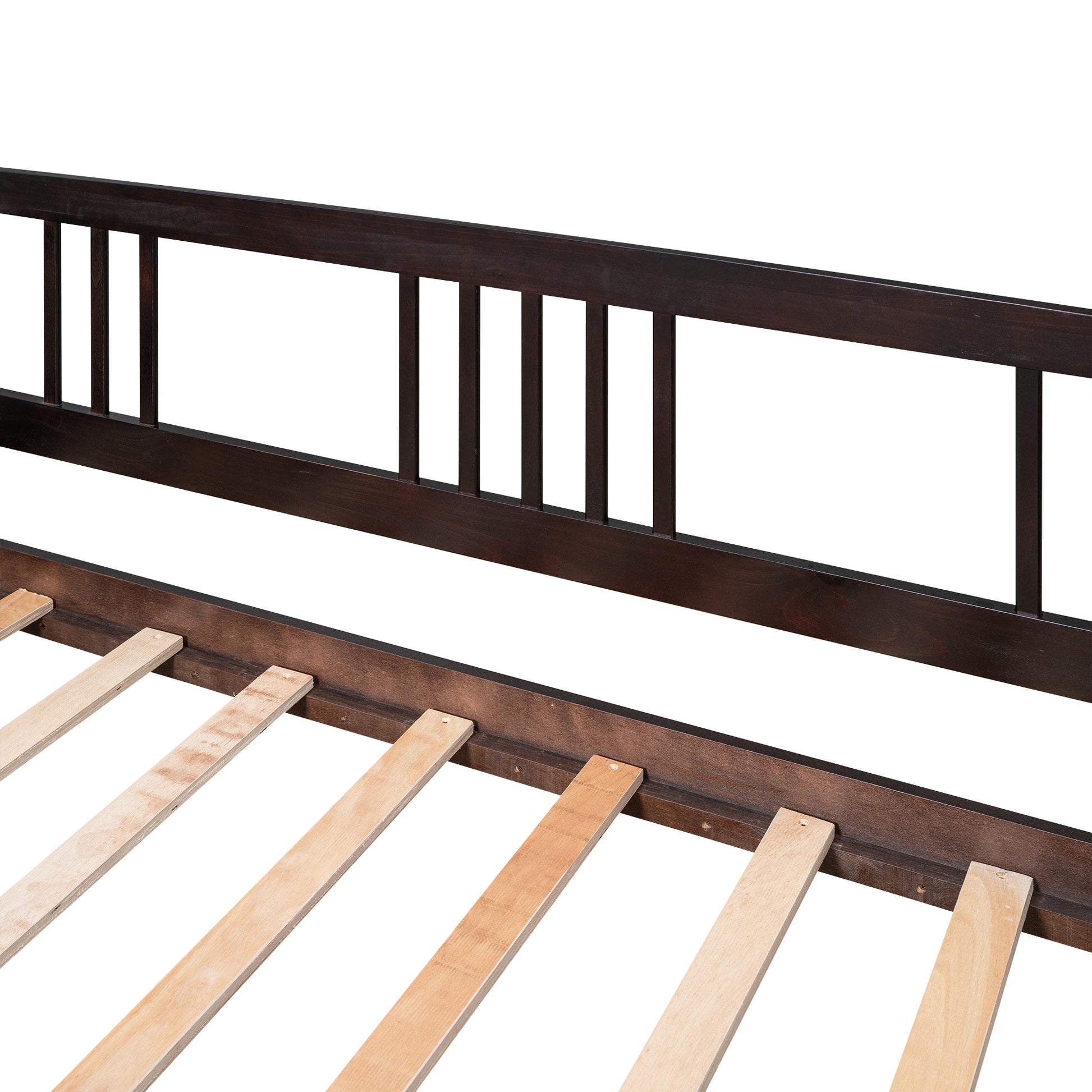 Dark espresso wood bed frame with slatted base detail