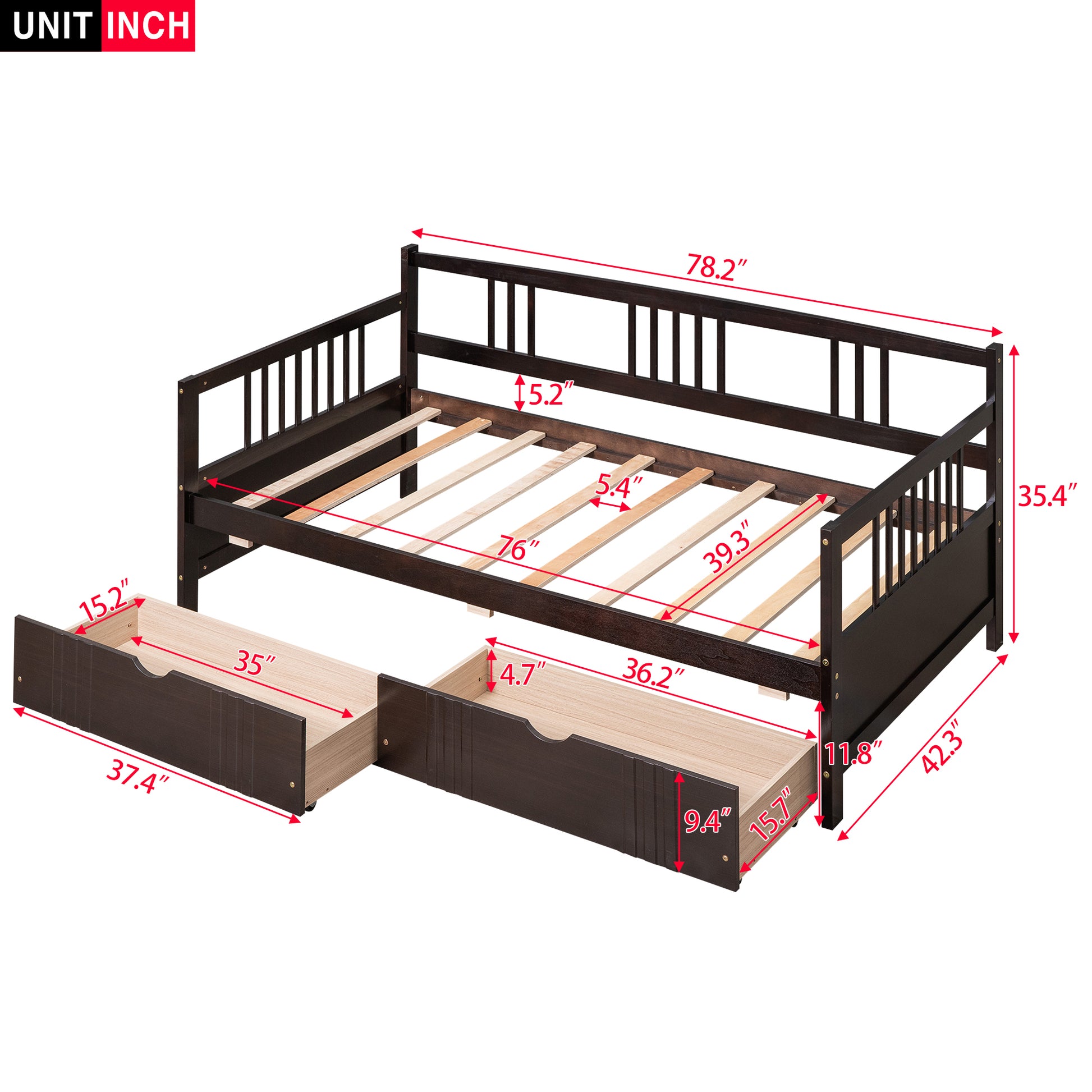 Dark brown wooden daybed with slatted base and two pullout drawers