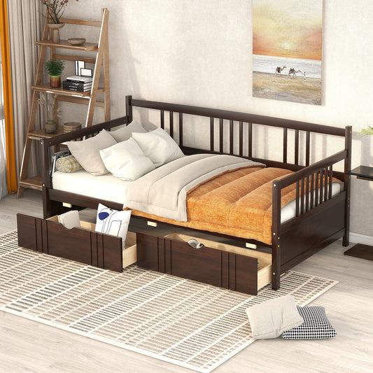 Dark brown wooden daybed with three storage drawers and orange quilted comforter