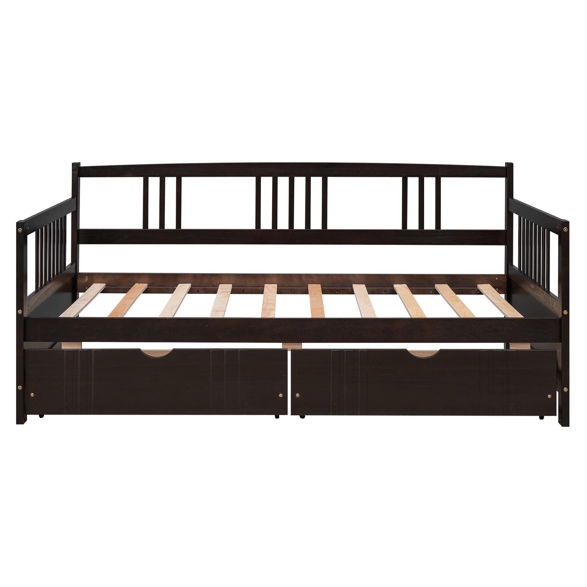 Dark brown wooden daybed with slatted support and two storage drawers for cozy seating