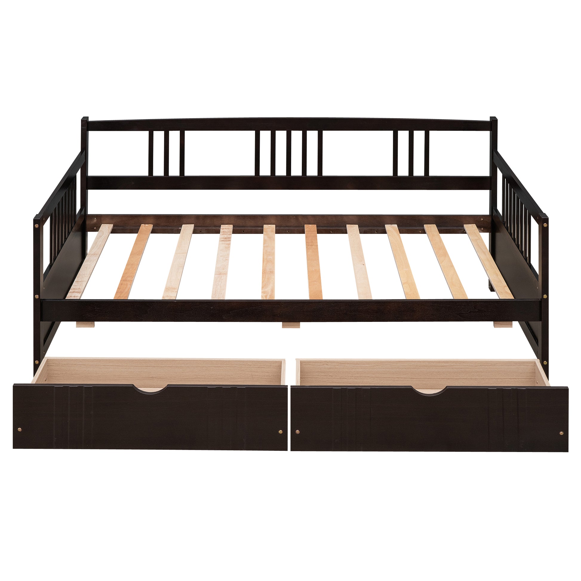 Dark brown wooden daybed with slats and two pullout storage drawers