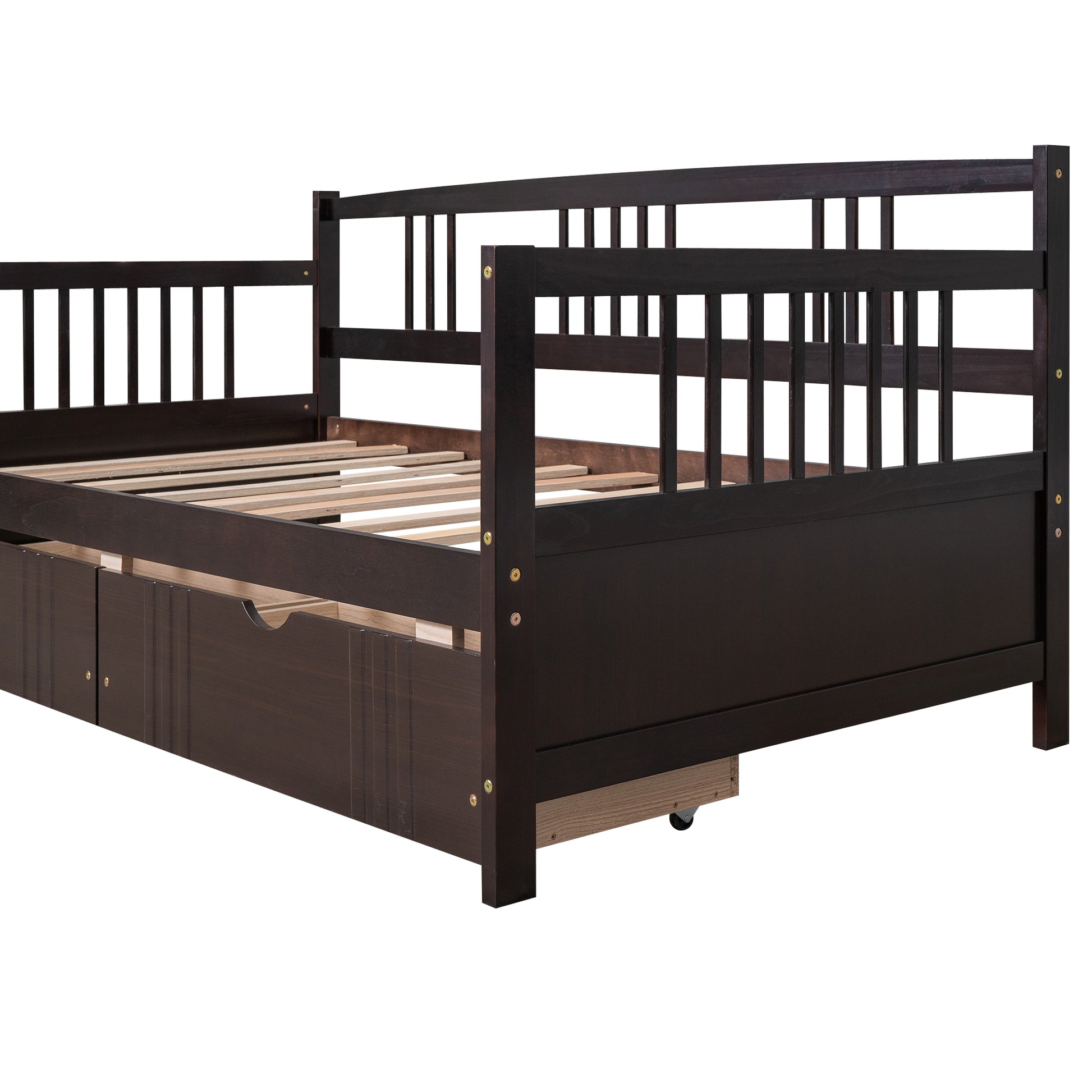 Dark brown wooden daybed with storage drawers and slatted base