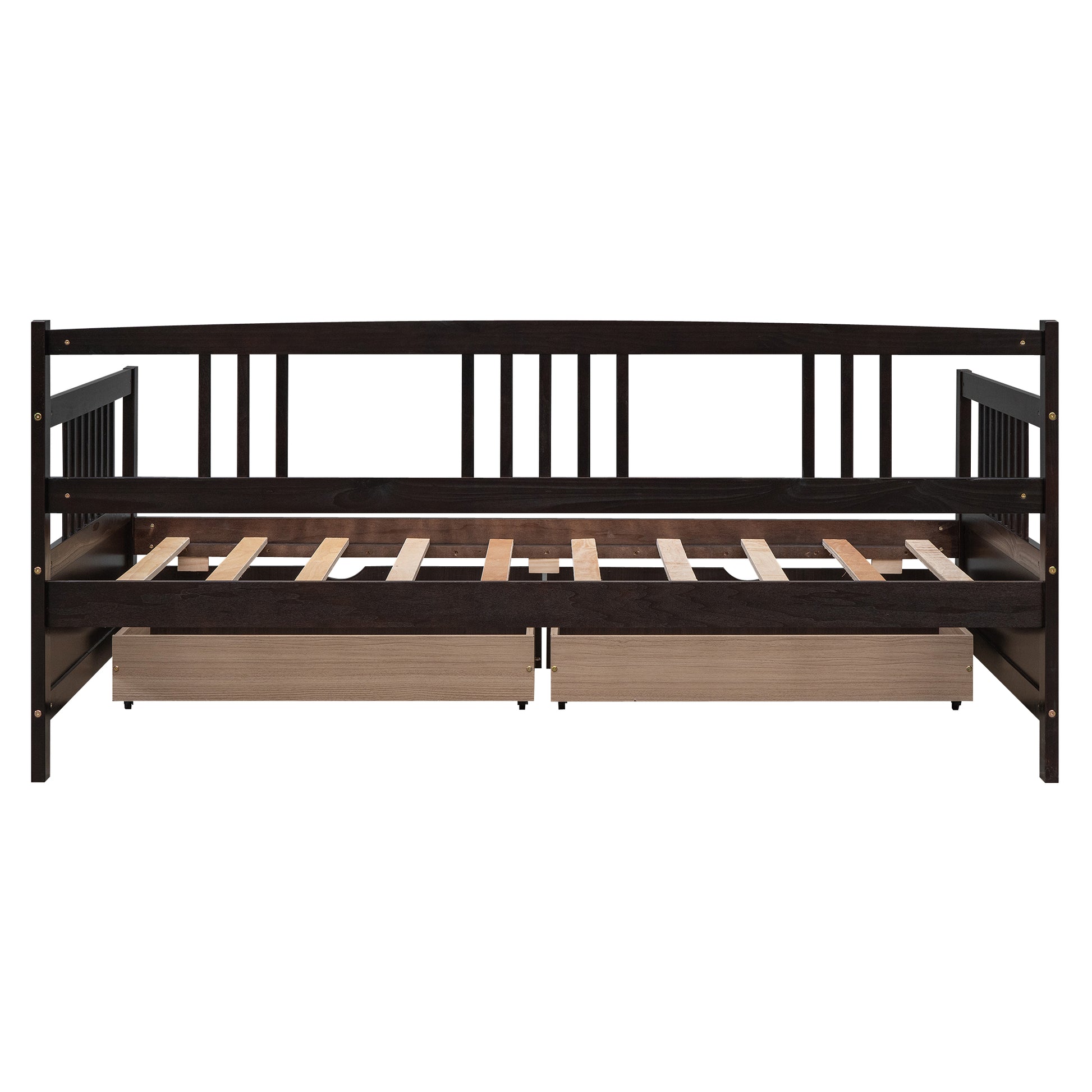 Dark brown wooden daybed with slatted base and two pullout drawers