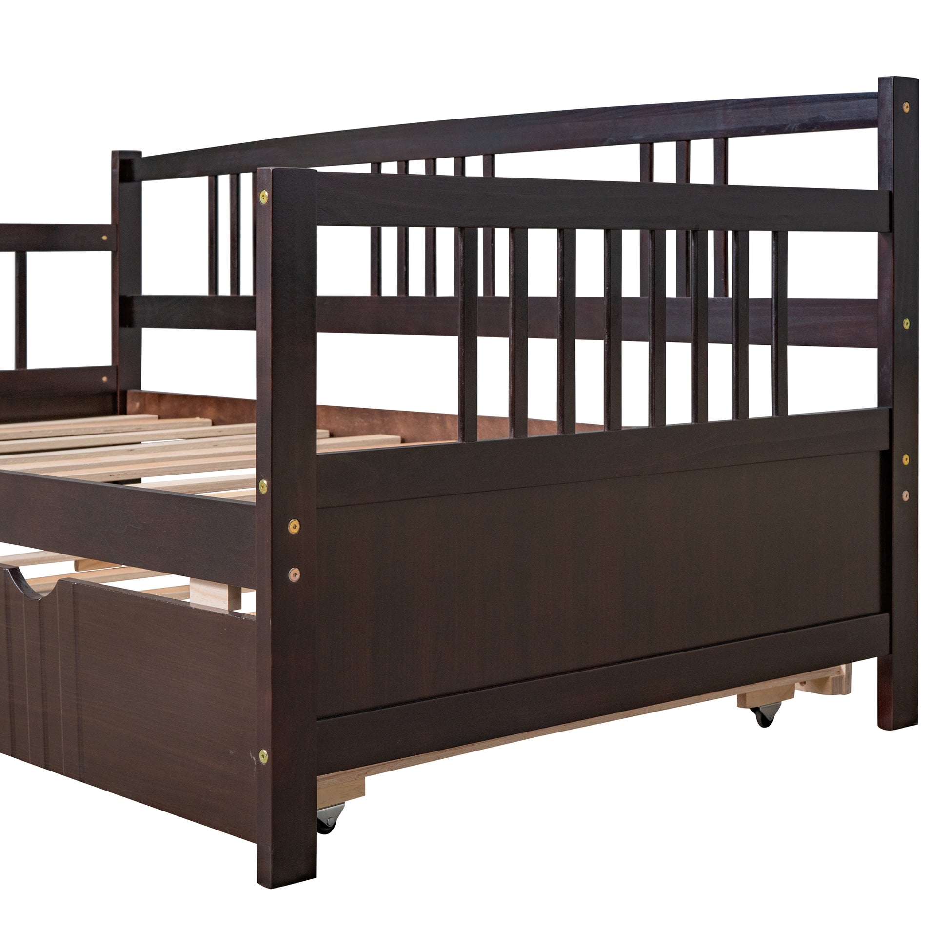 Dark brown wooden daybed with slatted backrest and integrated drawer modern design