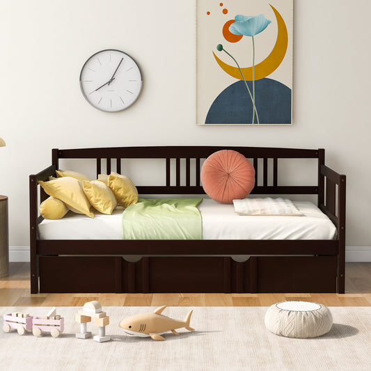 Dark brown wooden daybed with drawers and cushions