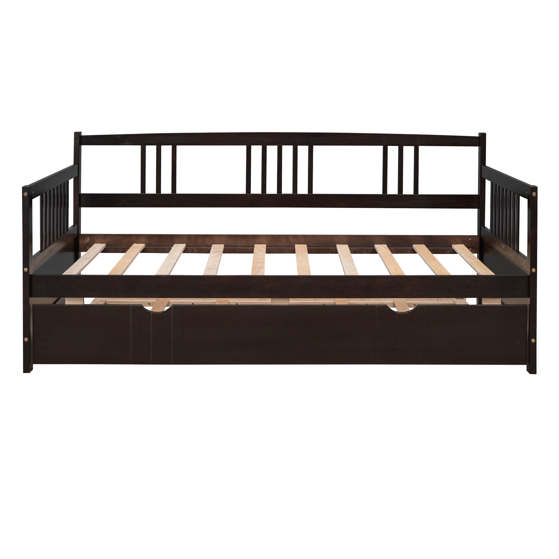 Dark brown wooden daybed with slatted support and integrated drawers