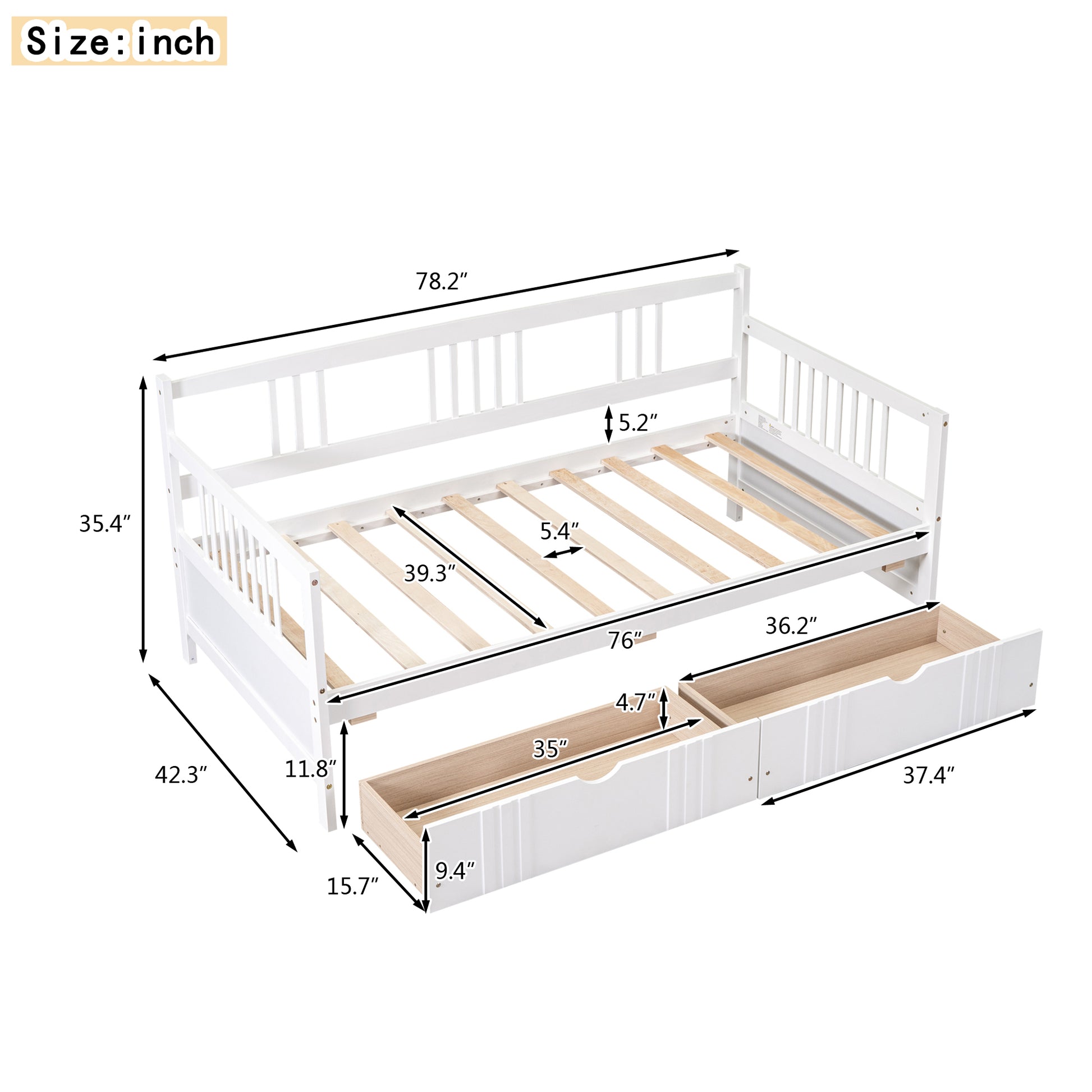 White wooden daybed with drawers dimensions  L x  W x  H
