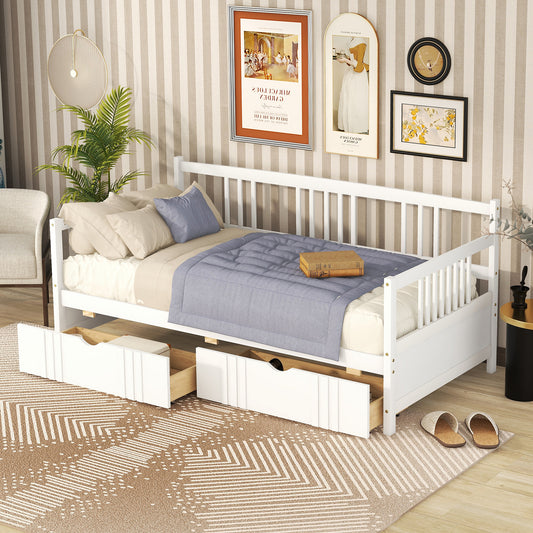 White wooden daybed with three drawers