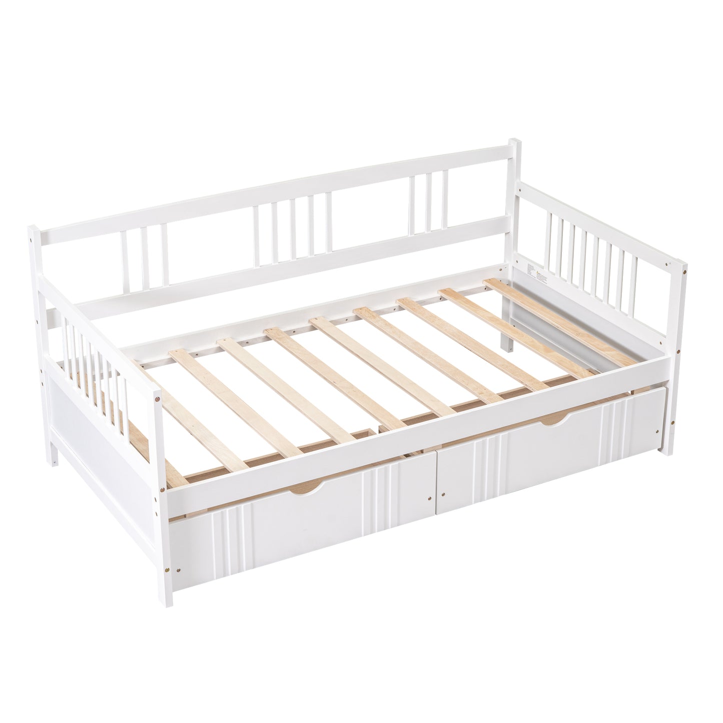 White wooden daybed with two storage drawers and slatted mattress support