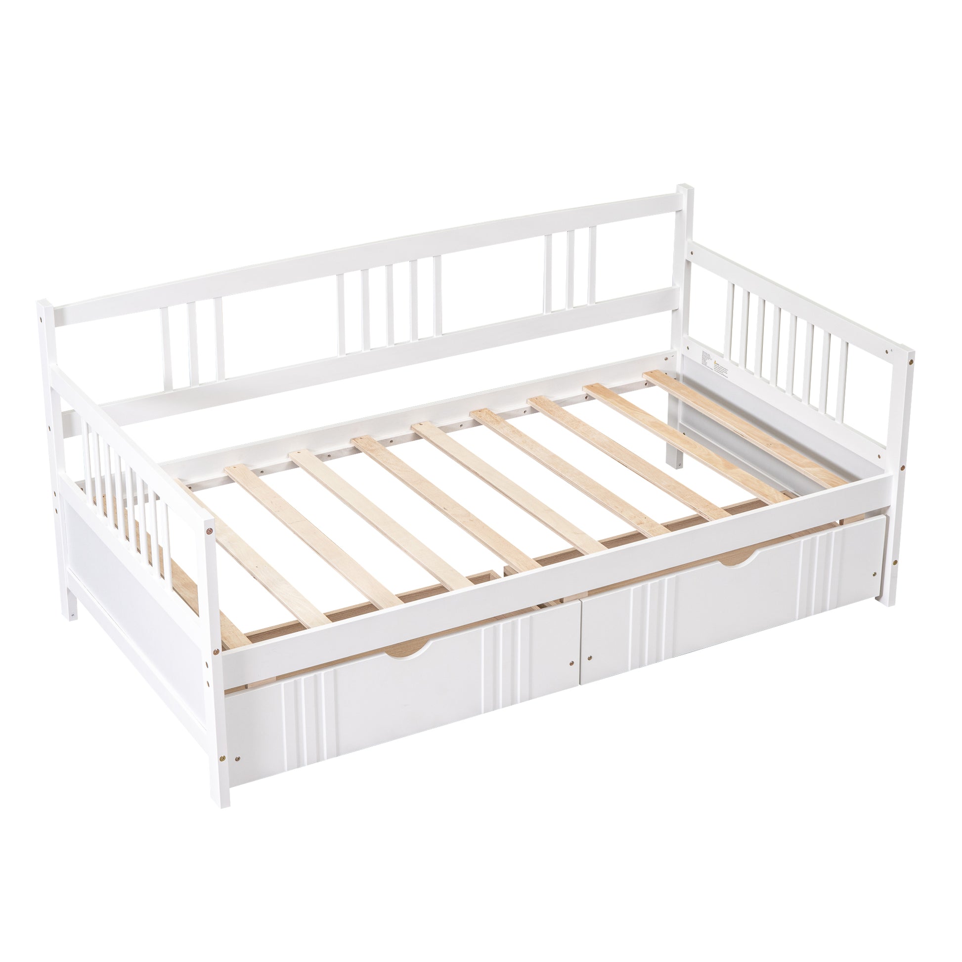 White wooden daybed with two storage drawers and slatted mattress support