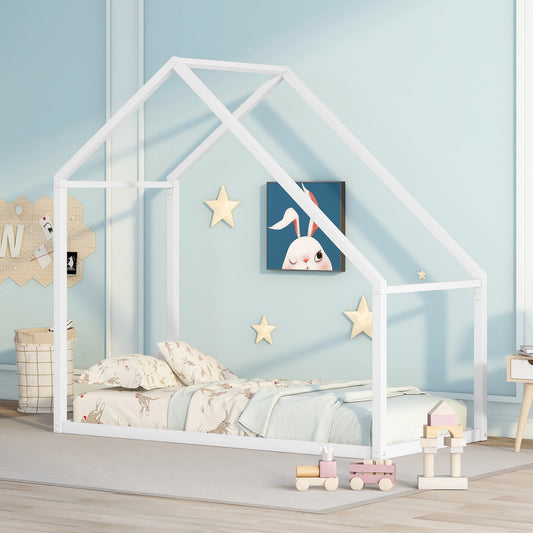 White wooden house bed frame with playful bedding and bunny art