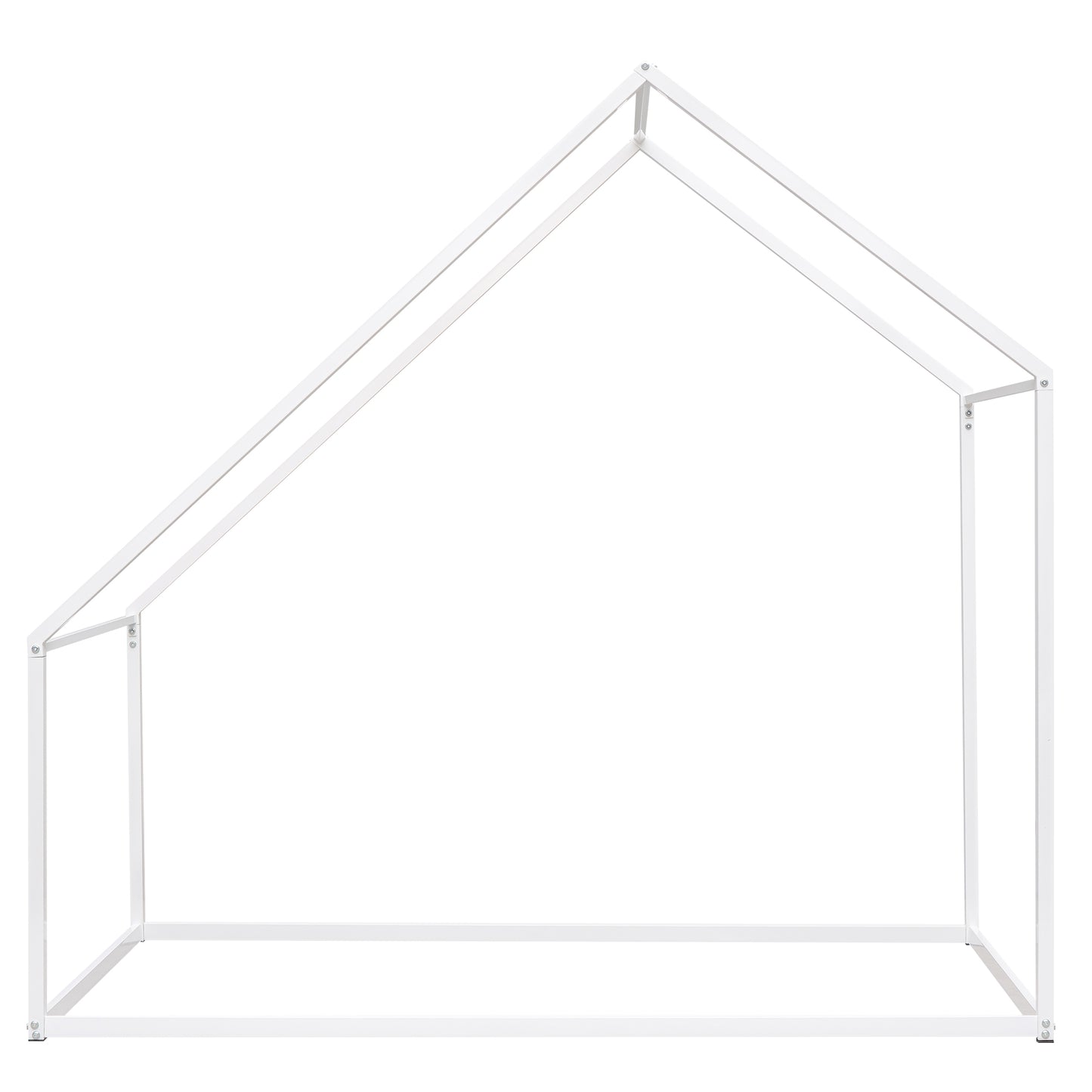 White metal house bed frame with angled roof structure for a childs bedroom