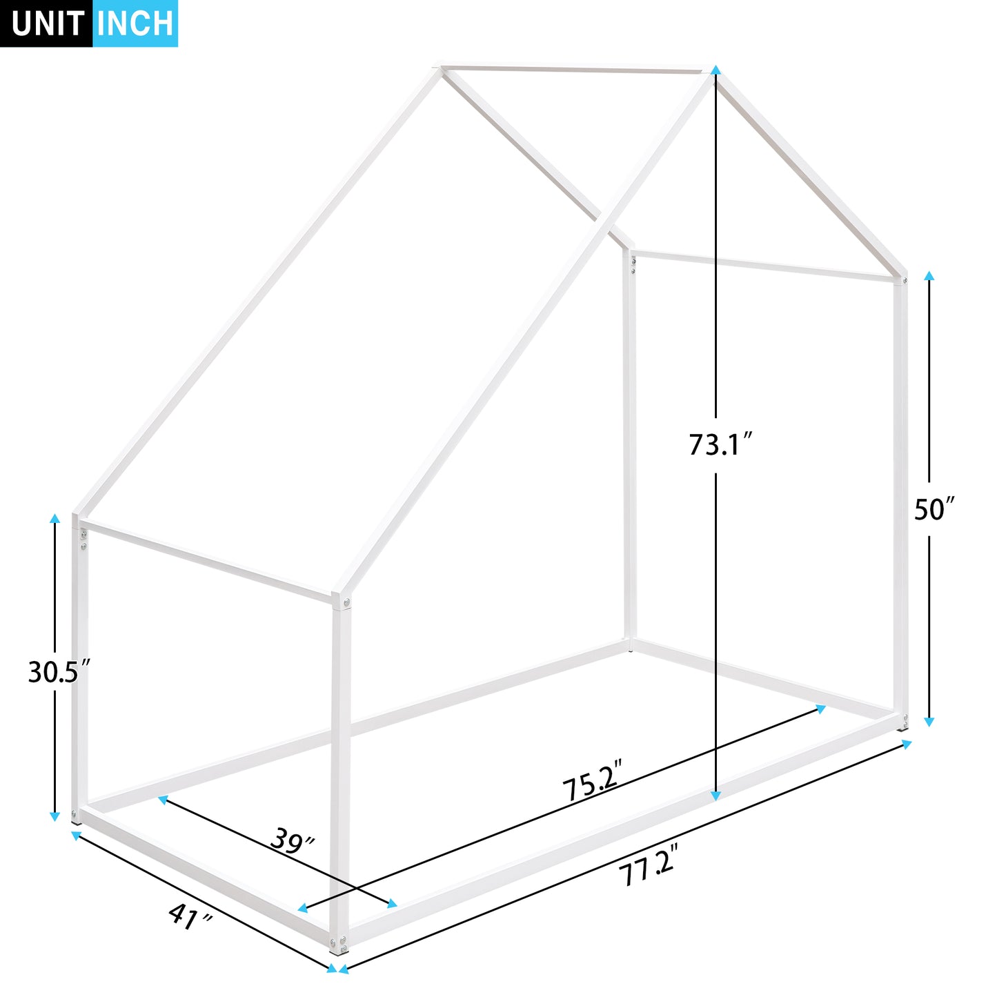 White metal house bed frame with detailed dimensions
