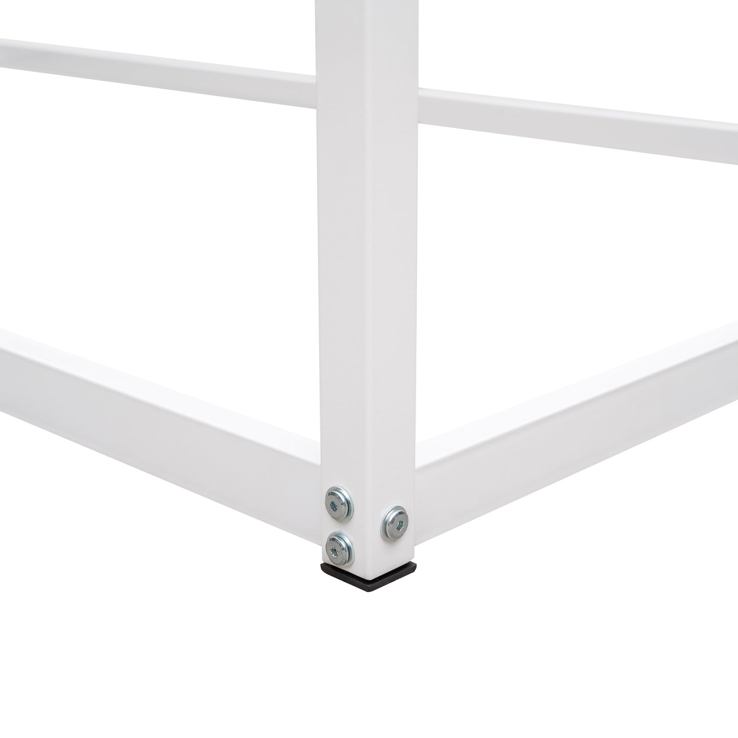 White metal bed frame corner detail with black foot pad